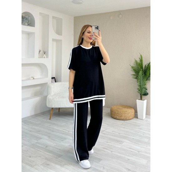 Kadın Kısa Kollu Bisiklet Yaka çift Renk şerit Detaylı Viskon Iki Iplik Bluz Ve Pantolon Ikili Takım , 31190