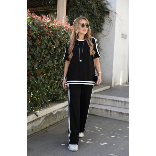 Kadın Kısa Kollu Bisiklet Yaka çift Renk şerit Detaylı Viskon Iki Iplik Bluz Ve Pantolon Ikili Takım , 31190