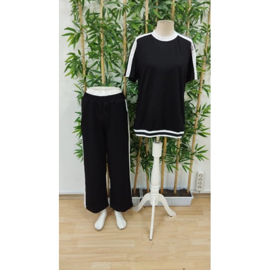 Kadın Kısa Kollu Bisiklet Yaka çift Renk şerit Detaylı Viskon Iki Iplik Bluz Ve Pantolon Ikili Takım , 31190