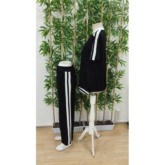 Kadın Kısa Kollu Bisiklet Yaka çift Renk şerit Detaylı Viskon Iki Iplik Bluz Ve Pantolon Ikili Takım , 31190