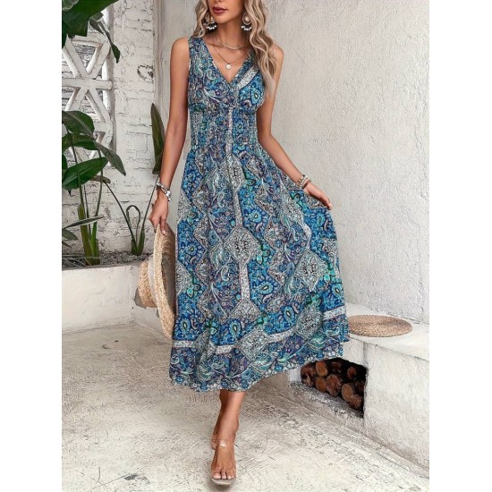 Kadın Beli Gipeli Etnik Desen Sıfır Kol Süprem Elbise, 31184