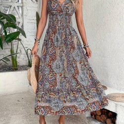 Kadın Beli Gipeli Etnik Desen Sıfır Kol Süprem Elbise, 31183