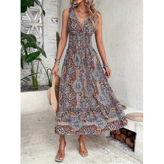 Kadın Beli Gipeli Etnik Desen Sıfır Kol Süprem Elbise, 31183