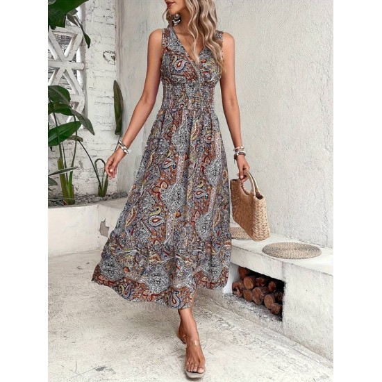 Kadın Beli Gipeli Etnik Desen Sıfır Kol Süprem Elbise, 31183