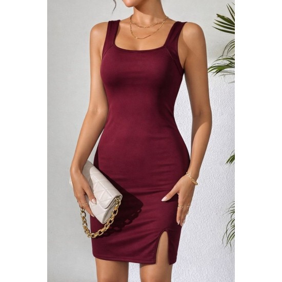 Kadın Askılı Kare Yakalı Yırtmaçlı Kısa Dalgıç Elbise , 31266