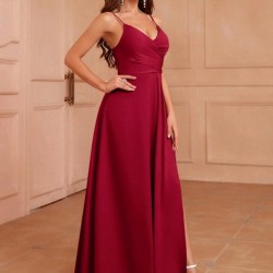 Kadın Ip Askılı Kruvaze Yakalı Yırtmaçlı Uzun Ithal Krep Elbise , 31264