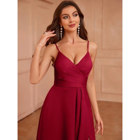 Kadın Ip Askılı Kruvaze Yakalı Yırtmaçlı Uzun Ithal Krep Elbise , 31264