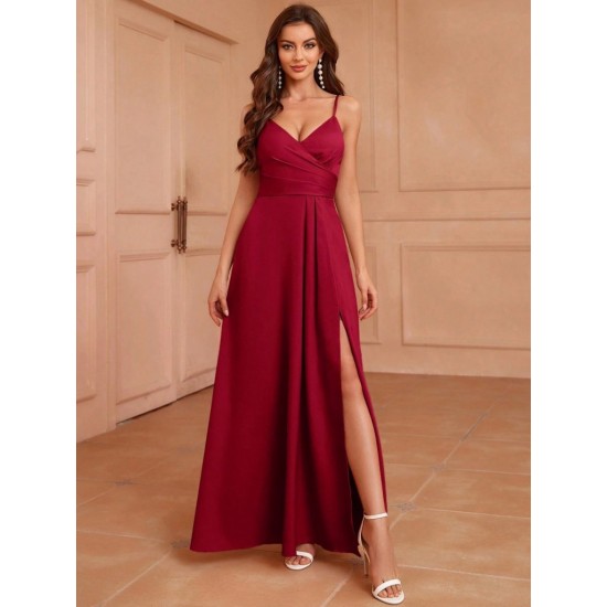 Kadın Ip Askılı Kruvaze Yakalı Yırtmaçlı Uzun Ithal Krep Elbise , 31264