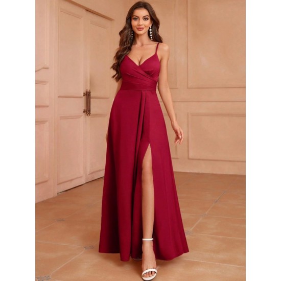 Kadın Ip Askılı Kruvaze Yakalı Yırtmaçlı Uzun Ithal Krep Elbise , 31264