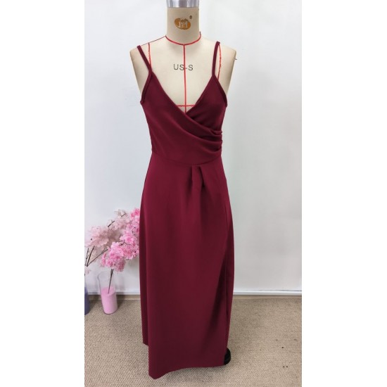 Kadın Ip Askılı Kruvaze Yakalı Yırtmaçlı Uzun Ithal Krep Elbise , 31264