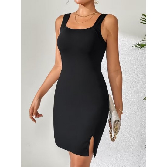 Kadın Askılı Kare Yakalı Yırtmaçlı Kısa Dalgıç Elbise , 31268 Kadın Askılı Kare Yakalı Yırtmaçlı Kısa Dalgıç Elbise , 31268