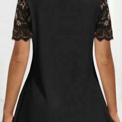 Kadın Kısa Kollu V Dantel Yakalı Düğmeli Viskon Bluz, 31276