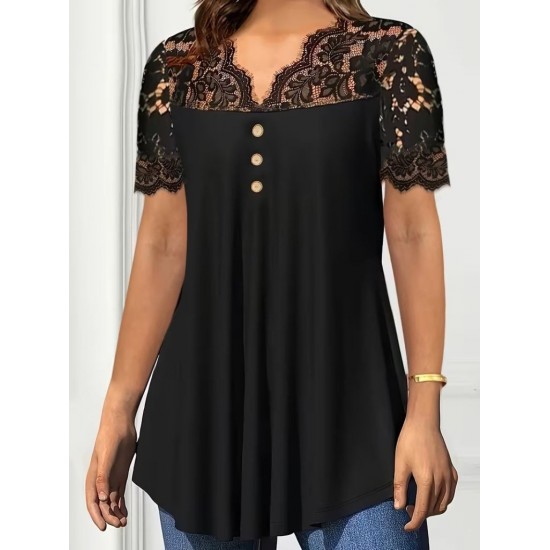Kadın Kısa Kollu V Dantel Yakalı Düğmeli Viskon Bluz, 31276