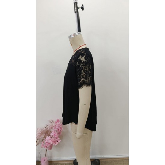 Kadın Kısa Kollu V Dantel Yakalı Düğmeli Viskon Bluz, 31276