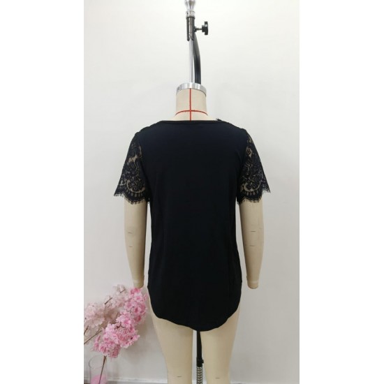 Kadın Kısa Kollu V Dantel Yakalı Düğmeli Viskon Bluz, 31276