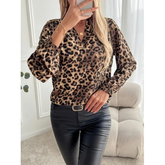 Kadın Uzun Kollu V Yakalı Modal Leopar Desenli Bluz, 31275
