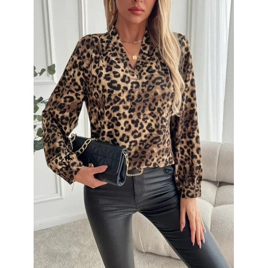 Kadın Uzun Kollu V Yakalı Modal Leopar Desenli Bluz, 31275