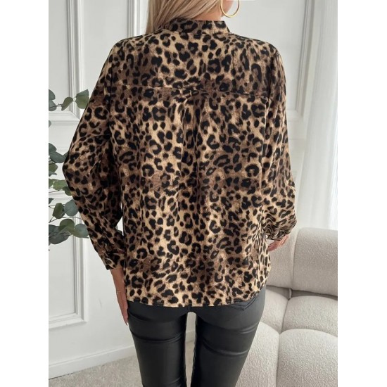 Kadın Uzun Kollu V Yakalı Modal Leopar Desenli Bluz, 31275