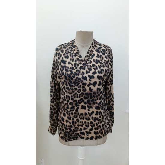 Kadın Uzun Kollu V Yakalı Modal Leopar Desenli Bluz, 31275