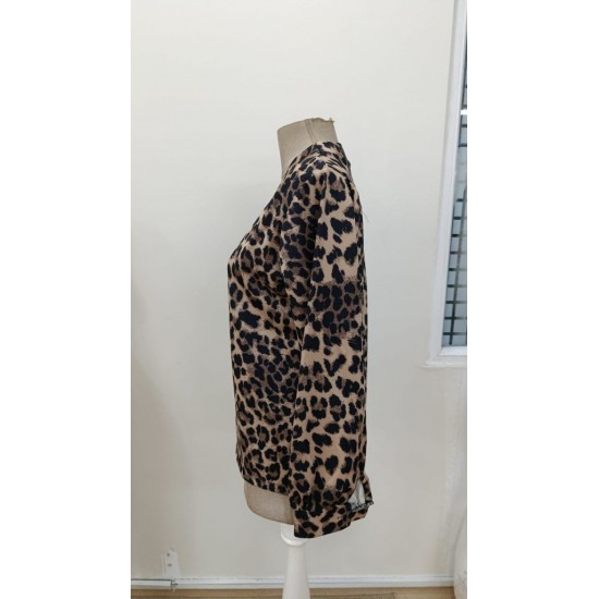 Kadın Uzun Kollu V Yakalı Modal Leopar Desenli Bluz, 31275