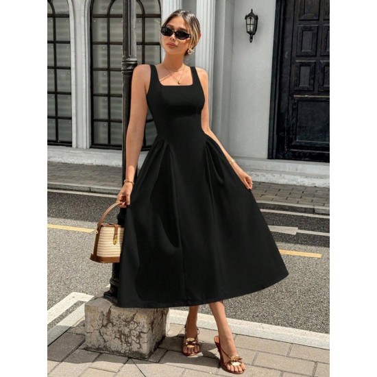 Kadın Askılı Kare Yakalı Uzun Ithal Krep Elbise, 31283