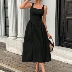 Kadın Askılı Kare Yakalı Uzun Ithal Krep Elbise, 31283