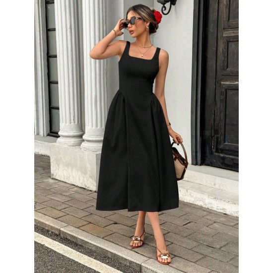 Kadın Askılı Kare Yakalı Uzun Ithal Krep Elbise, 31283