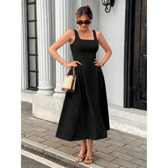 Kadın Askılı Kare Yakalı Uzun Ithal Krep Elbise, 31283