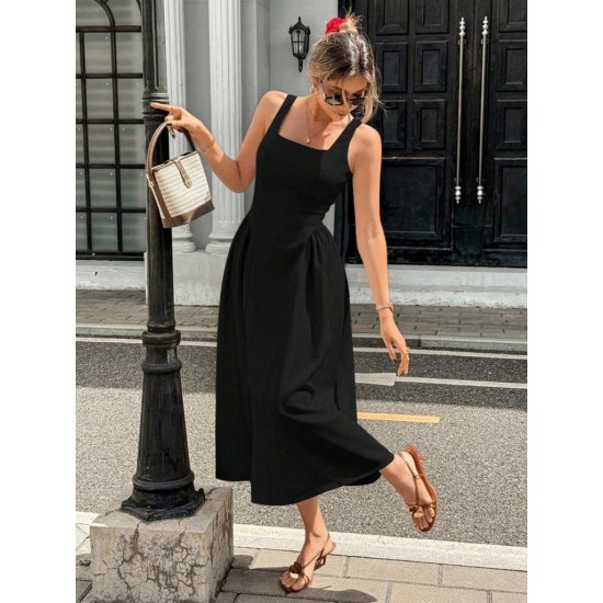 Kadın Askılı Kare Yakalı Uzun Ithal Krep Elbise, 31283