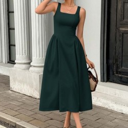 Kadın Askılı Kare Yakalı Uzun Ithal Krep Elbise, 31282