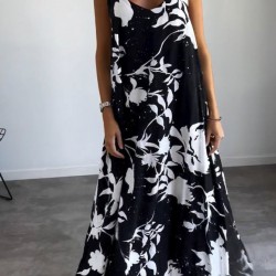 Kadın Askılı Geniş V Yakalı Desenli Yırtmaçlı Süprem Uzun Elbise, 31289 Kadın Askılı Geniş V Yakalı Desenli Yırtmaçlı Süprem Uzun Elbise, 31289