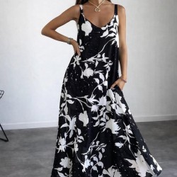 Kadın Askılı Geniş V Yakalı Desenli Yırtmaçlı Süprem Uzun Elbise, 31289