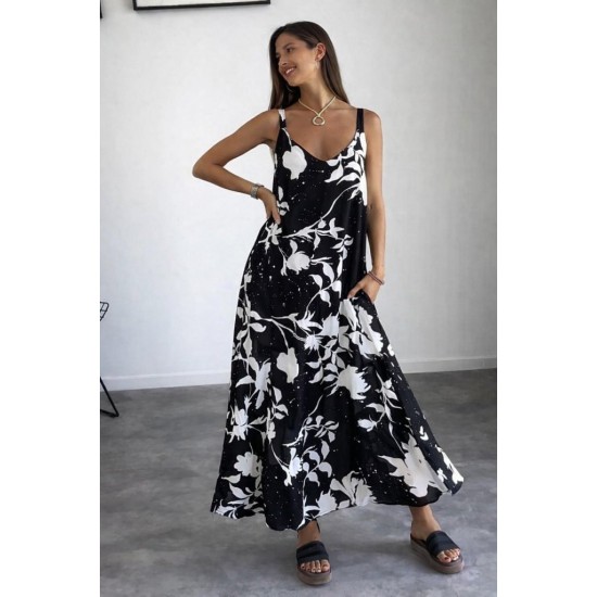 Kadın Askılı Geniş V Yakalı Desenli Yırtmaçlı Süprem Uzun Elbise, 31289