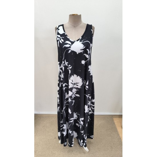 Kadın Askılı Geniş V Yakalı Desenli Yırtmaçlı Süprem Uzun Elbise, 31289