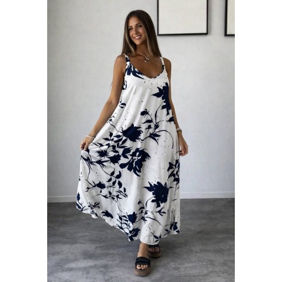 Kadın Askılı Geniş V Yakalı Desenli Yırtmaçlı Süprem Uzun Elbise, 31288