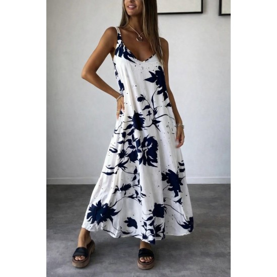 Kadın Askılı Geniş V Yakalı Desenli Yırtmaçlı Süprem Uzun Elbise, 31288