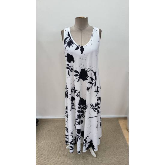 Kadın Askılı Geniş V Yakalı Desenli Yırtmaçlı Süprem Uzun Elbise, 31288