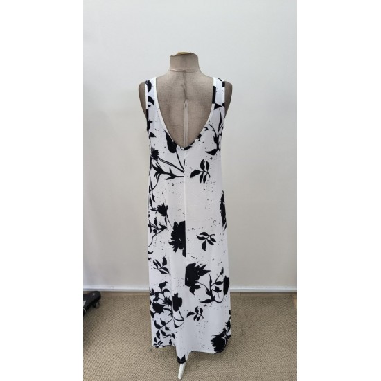 Kadın Askılı Geniş V Yakalı Desenli Yırtmaçlı Süprem Uzun Elbise, 31288