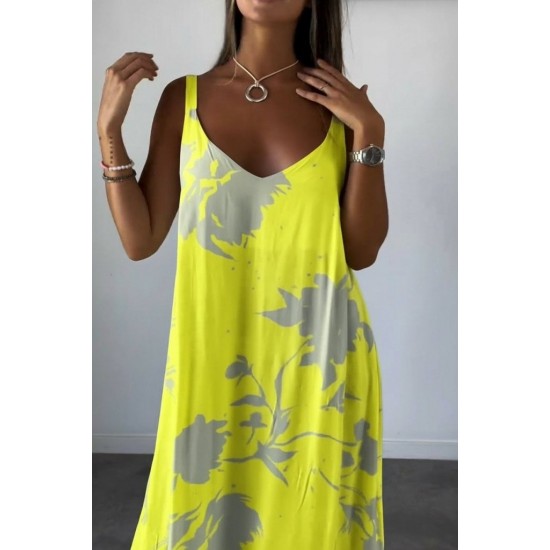 Kadın Askılı Geniş V Yakalı Desenli Yırtmaçlı Süprem Uzun Elbise, 31287