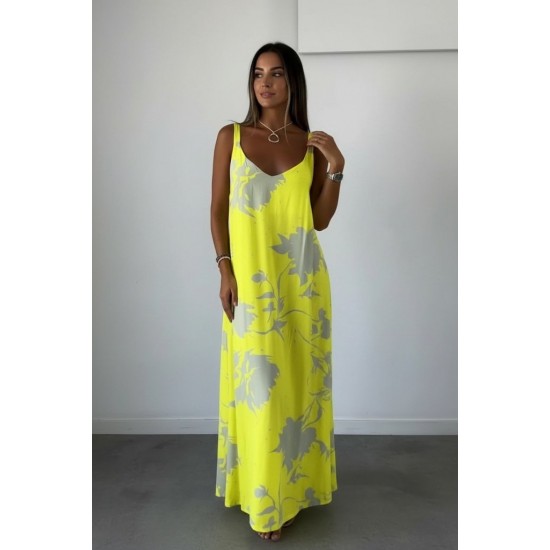 Kadın Askılı Geniş V Yakalı Desenli Yırtmaçlı Süprem Uzun Elbise, 31287