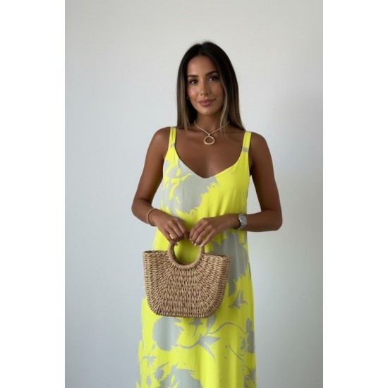 Kadın Askılı Geniş V Yakalı Desenli Yırtmaçlı Süprem Uzun Elbise, 31287