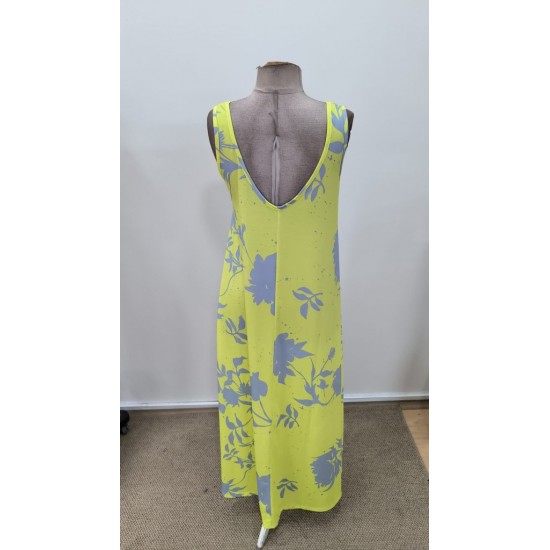 Kadın Askılı Geniş V Yakalı Desenli Yırtmaçlı Süprem Uzun Elbise, 31287