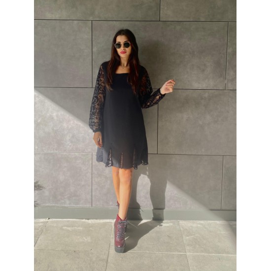 Kadın Uzun Kollu Yuvarlak Yaka Kol Ve Etek Ucu Dantelli Kısa Ithal Krep Elbise , 31293 Kadın Uzun Kollu Yuvarlak Yaka Kol Ve Etek Ucu Dantelli Kısa Ithal Krep Elbise , 31293