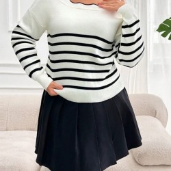 Kadın Beyaz Sırt Bağlama Detaylı çizgi Desen Büyük Beden Triko Bluz, 31292