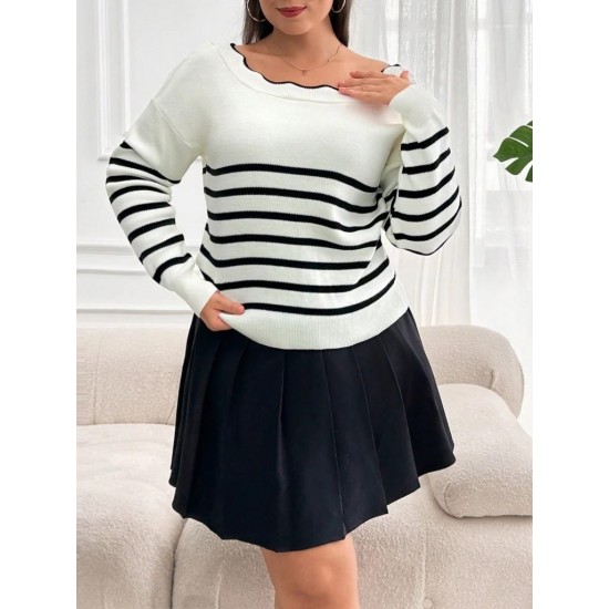 Kadın Beyaz Sırt Bağlama Detaylı çizgi Desen Büyük Beden Triko Bluz, 31292