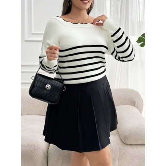 Kadın Beyaz Sırt Bağlama Detaylı çizgi Desen Büyük Beden Triko Bluz, 31292