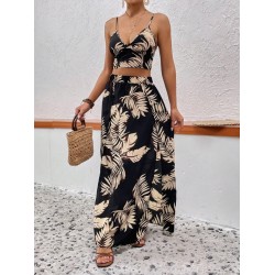 Kadın Ip Askılı V Yakalı Arkadan Bağlamalı Desenli Süprem Krop Bluz Ve Uzun Yandan Yırtmaçlı Etek, 31308