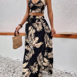 Kadın Ip Askılı V Yakalı Arkadan Bağlamalı Desenli Süprem Krop Bluz Ve Uzun Yandan Yırtmaçlı Etek, 31308