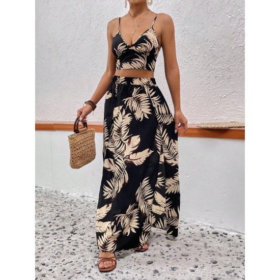 Kadın Ip Askılı V Yakalı Arkadan Bağlamalı Desenli Süprem Krop Bluz Ve Uzun Yandan Yırtmaçlı Etek, 31308