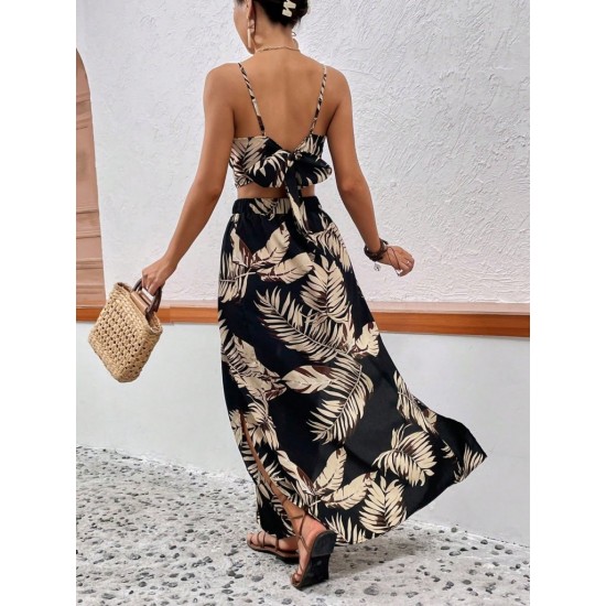 Kadın Ip Askılı V Yakalı Arkadan Bağlamalı Desenli Süprem Krop Bluz Ve Uzun Yandan Yırtmaçlı Etek, 31308